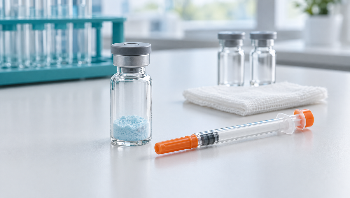 Flacon sans étiquette contenant une poudre de peptide lyophilisée bleu pâle, seringue à insuline U-100 et compresses stériles sur une paillasse blanche