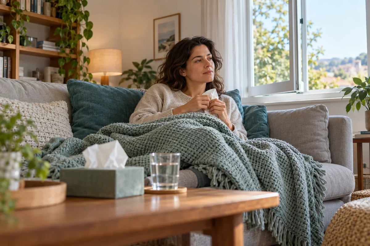 Un adulte assis sur un canapé avec une couverture, des mouchoirs et un verre d'eau.
