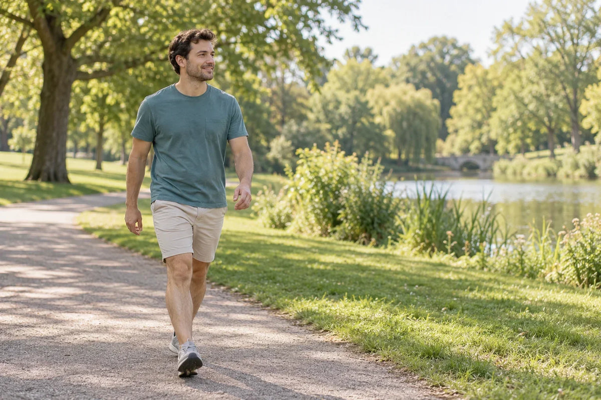 Un homme adulte se promène tranquillement dans un parc verdoyant dans le cadre d'une activité physique quotidienne.