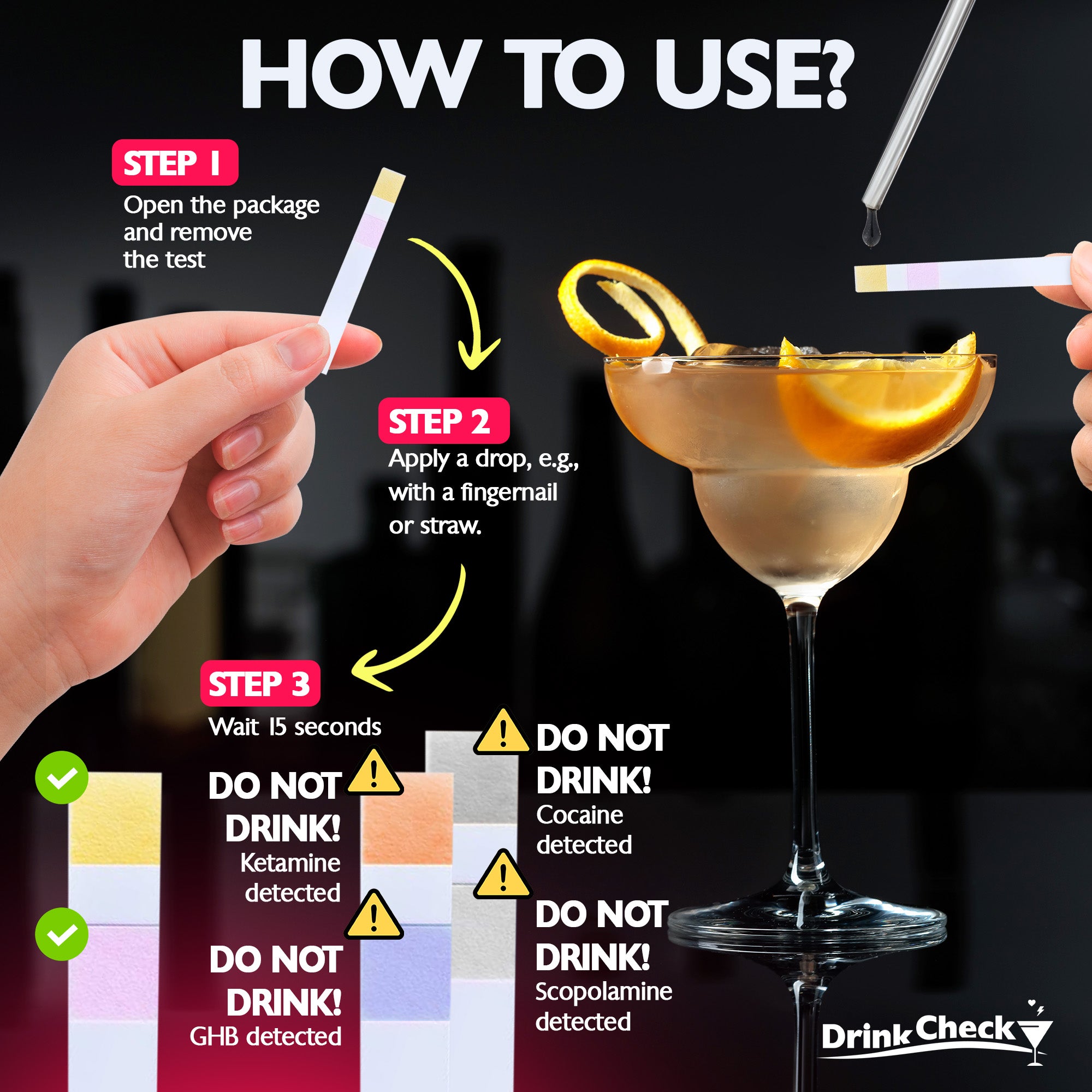 Test de dépistage de GHB et de kétamine dans les boissons DrinkCheck