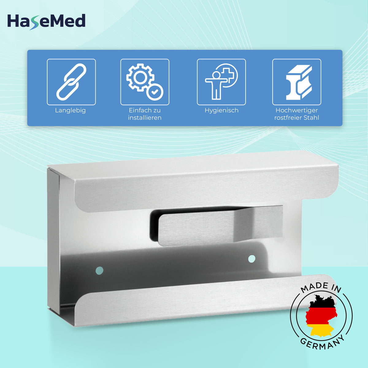 Stainless steel HaseMed HAS-30 holder with spring for one glove box, shown with feature labels and an origin graphic. One holder supplied.