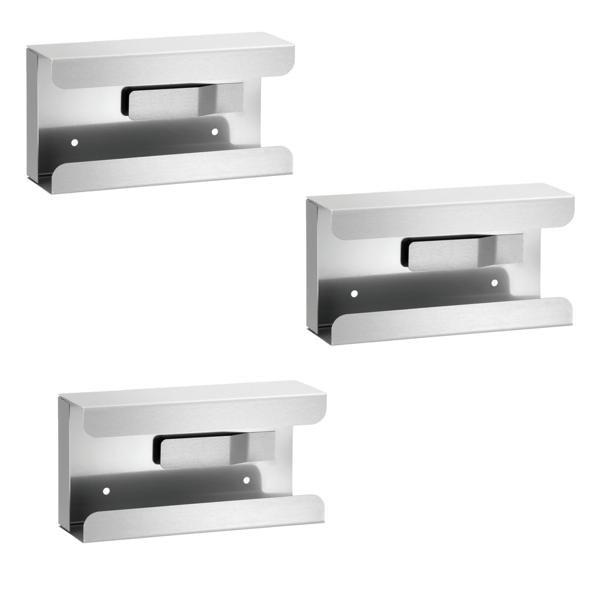 Three stainless steel HaseMed HAS-30 holders with springs for one glove box each. Sold as one holder per order unit.