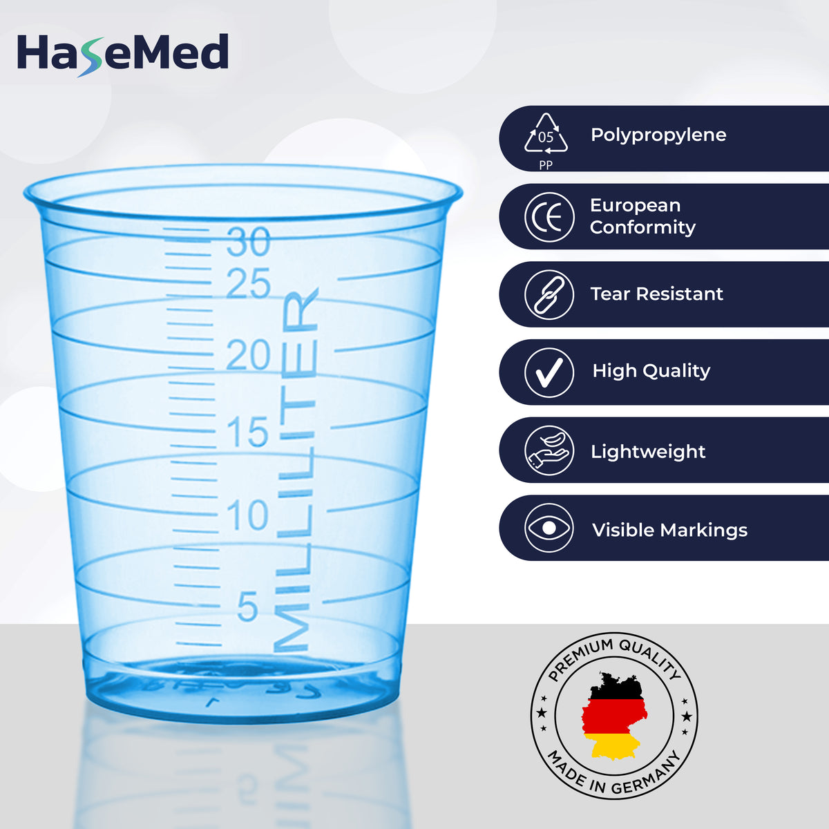 Visuel des caractéristiques des gobelets à médicaments HaseMed de 30 ml. Couleur: bleu. Vendus par 80 gobelets d'une seule couleur choisie, sans couvercles.