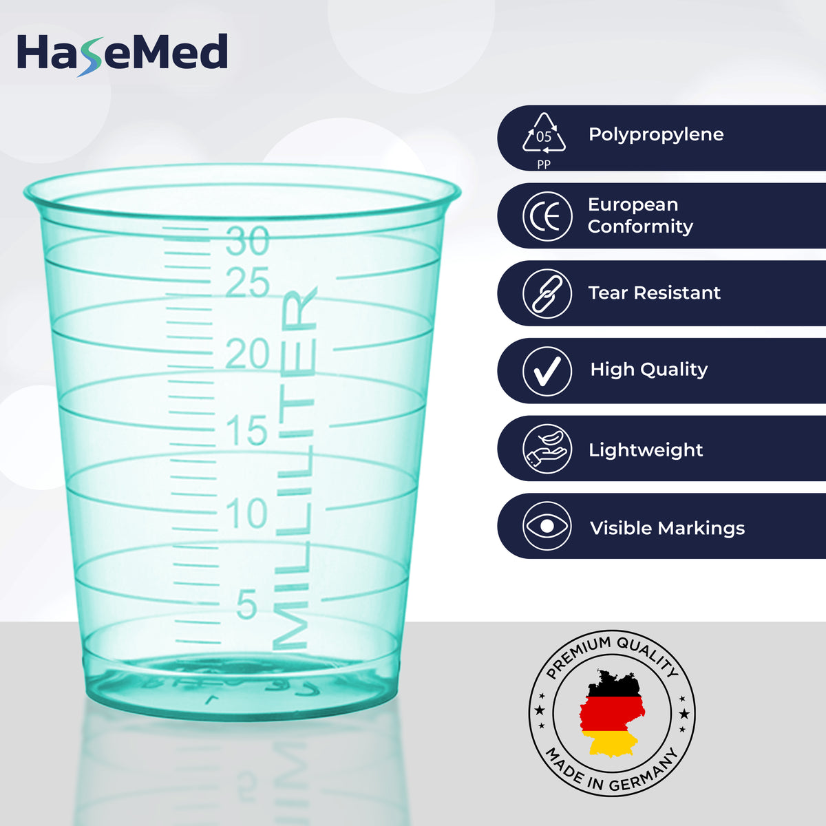 Visuel des caractéristiques des gobelets à médicaments HaseMed de 30 ml. Couleur: vert. Vendus par 80 gobelets d'une seule couleur choisie, sans couvercles.