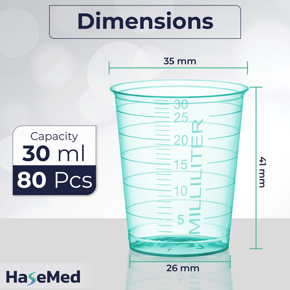 Visuel des dimensions d'un gobelet à médicaments HaseMed de 30 ml. Couleur: vert. Vendus par 80 gobelets d'une seule couleur choisie, sans couvercles.