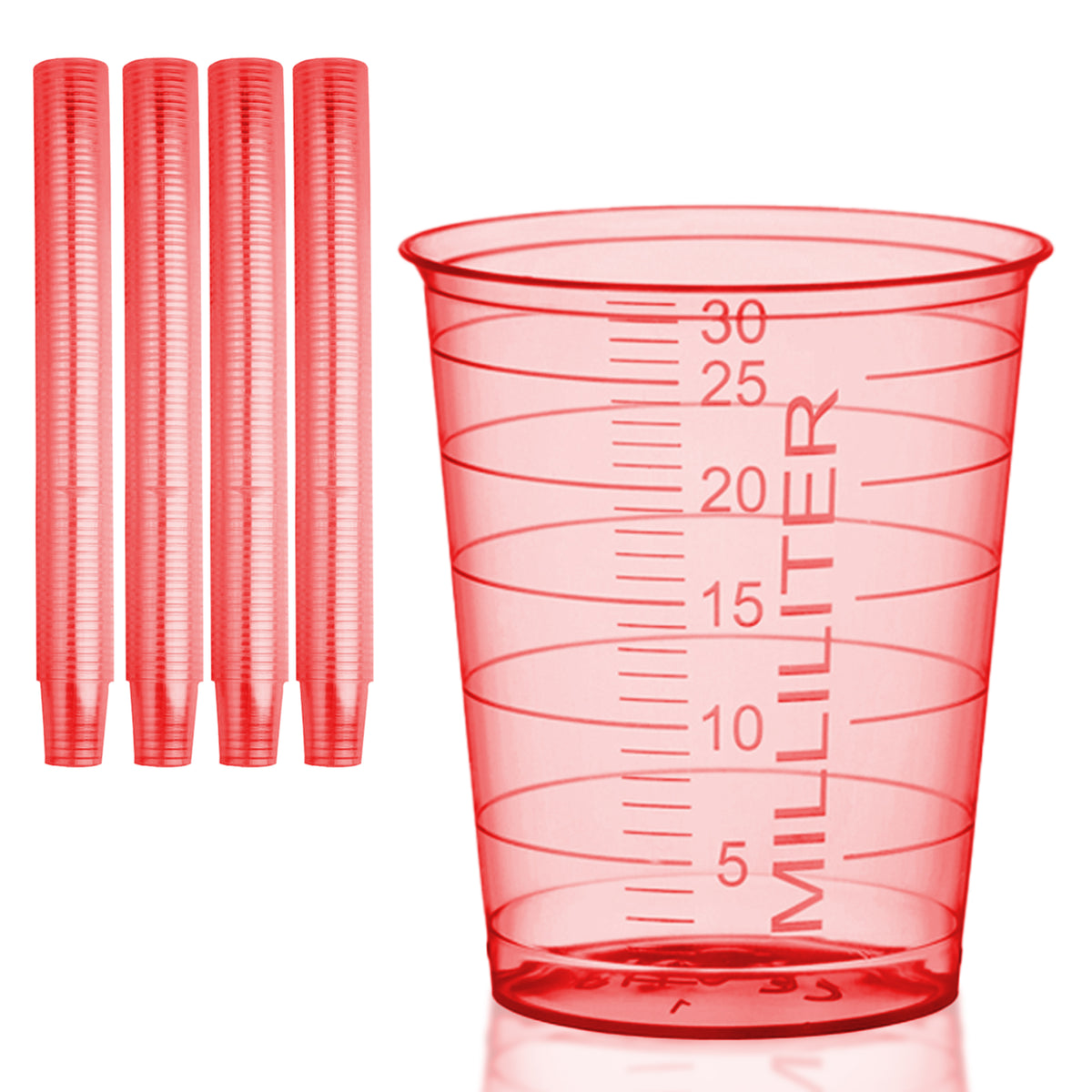 Piles de gobelets à médicaments HaseMed de 30 ml. Couleur: rouge. Vendus par 80 gobelets d'une seule couleur choisie, sans couvercles.