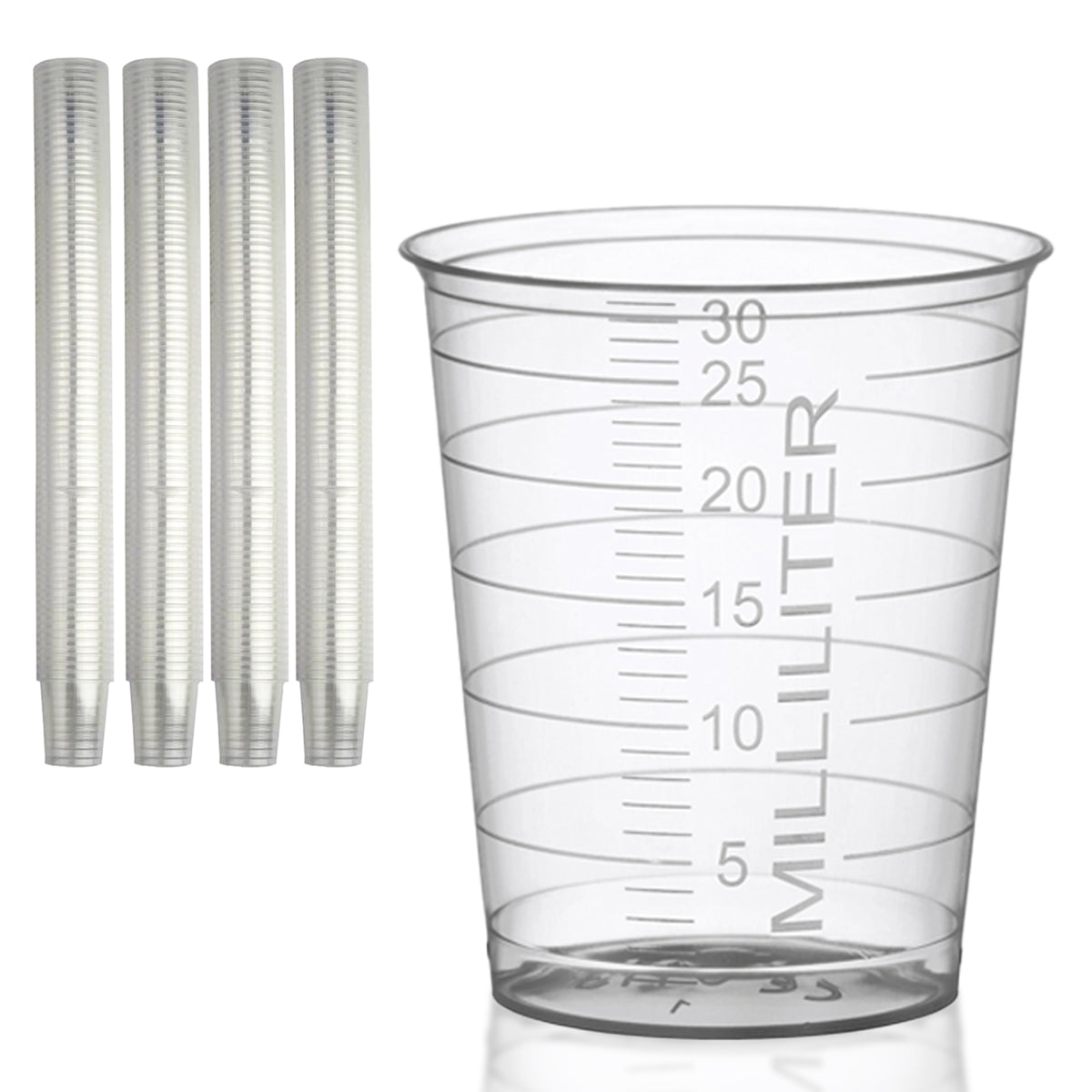 Piles de gobelets à médicaments HaseMed de 30 ml. Couleur: transparent. Vendus par 80 gobelets d'une seule couleur choisie, sans couvercles.