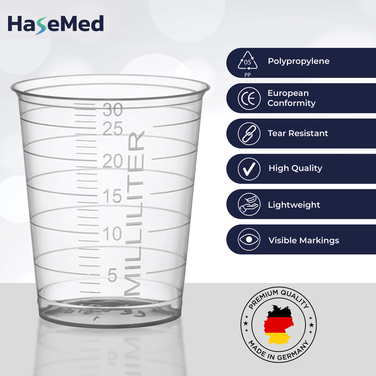Visuel des caractéristiques des gobelets à médicaments HaseMed de 30 ml. Couleur: transparent. Vendus par 80 gobelets d'une seule couleur choisie, sans couvercles.
