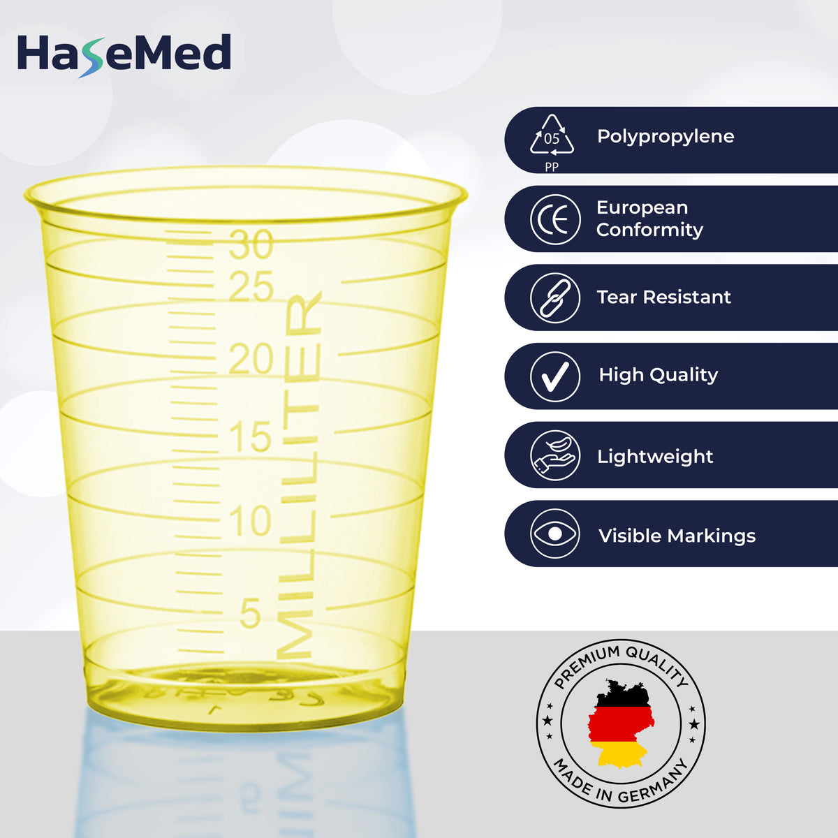 Visuel des caractéristiques des gobelets à médicaments HaseMed de 30 ml. Couleur: jaune. Vendus par 80 gobelets d'une seule couleur choisie, sans couvercles.