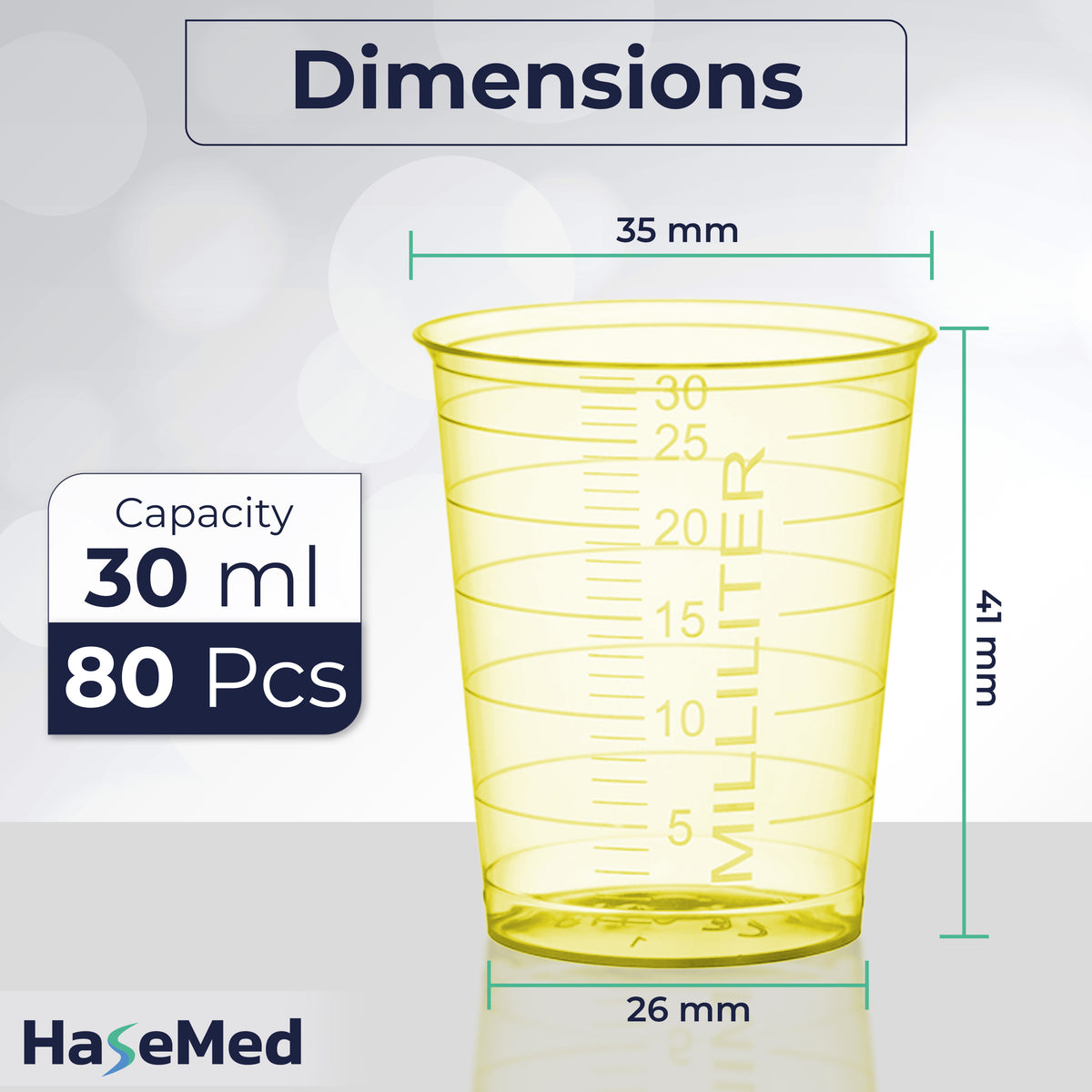 Visuel des dimensions d'un gobelet à médicaments HaseMed de 30 ml. Couleur: jaune. Vendus par 80 gobelets d'une seule couleur choisie, sans couvercles.