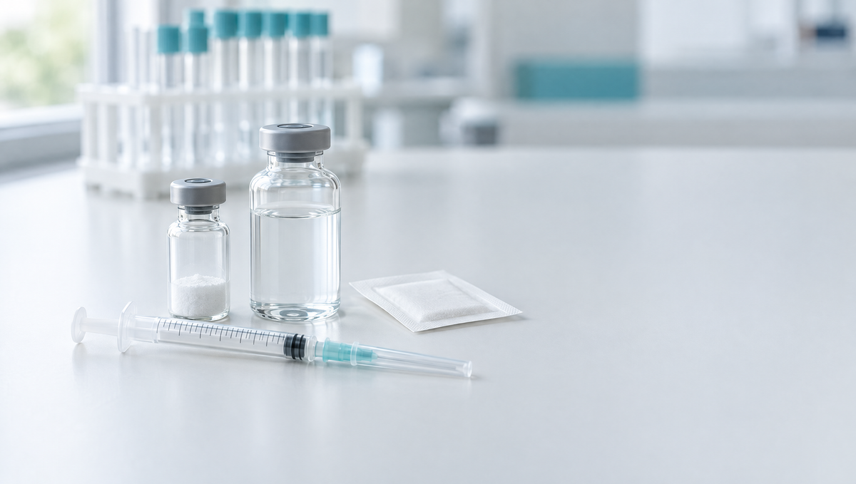 Flacon non étiqueté contenant une poudre lyophilisée, flacon de solvant transparent, seringue et tampon alcoolisé sur une paillasse blanche de laboratoire