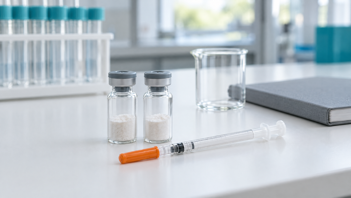 Deux flacons sans étiquette contenant de la poudre de peptide lyophilisée, une seringue à insuline U-100, un bécher et un carnet sur une paillasse blanche