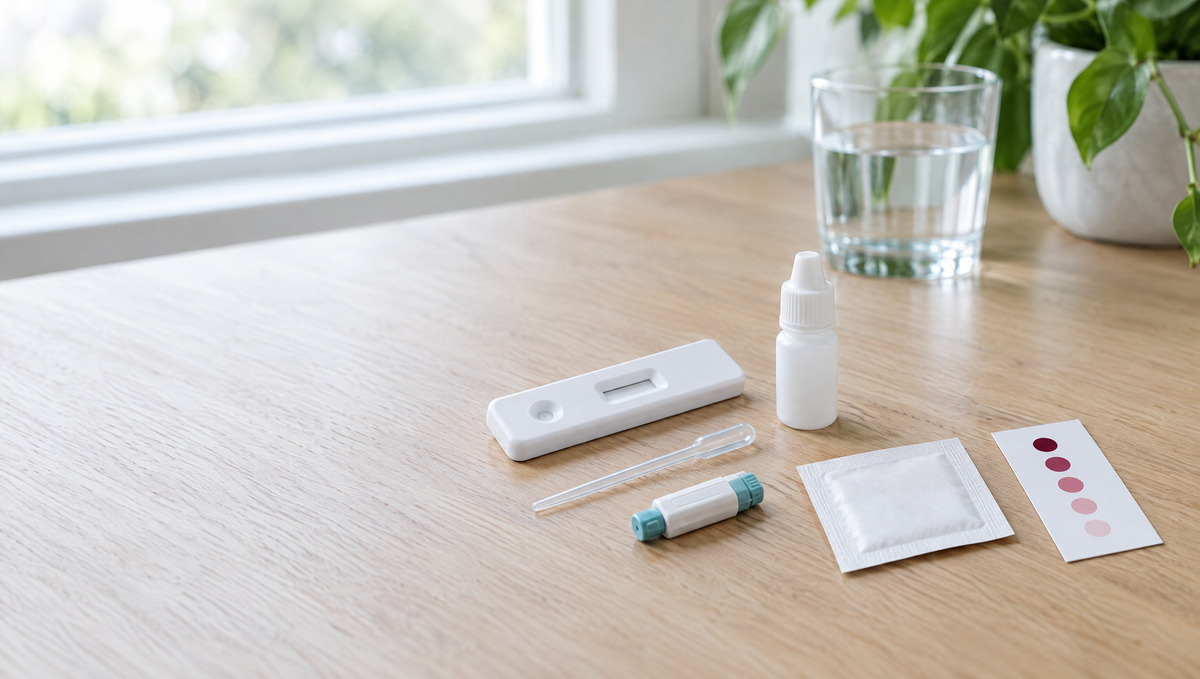 Kit de test de vitamine D à domicile sur une table en bois : cassette de test, flacon de tampon, pipette capillaire, lancette, compresse d'alcool, carte couleur