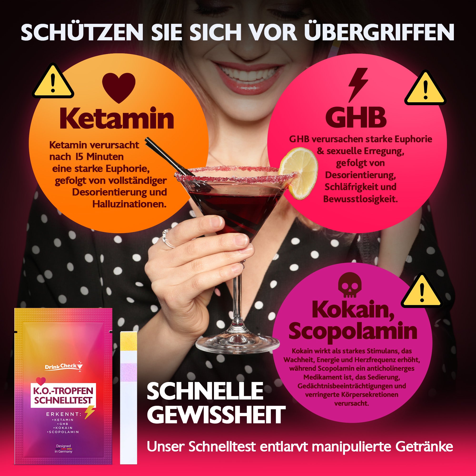 Test rapide de dépistage des drogues du viol DrinkCheck : kétamine, GHB, scopolamine et cocaïne