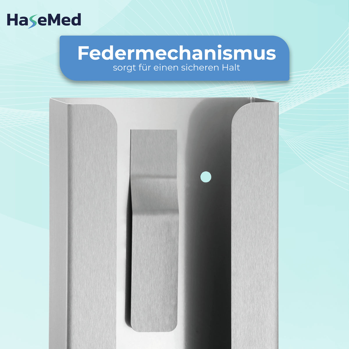 Spring detail of the stainless steel HaseMed HAS-30 holder for one glove box; German annotation.