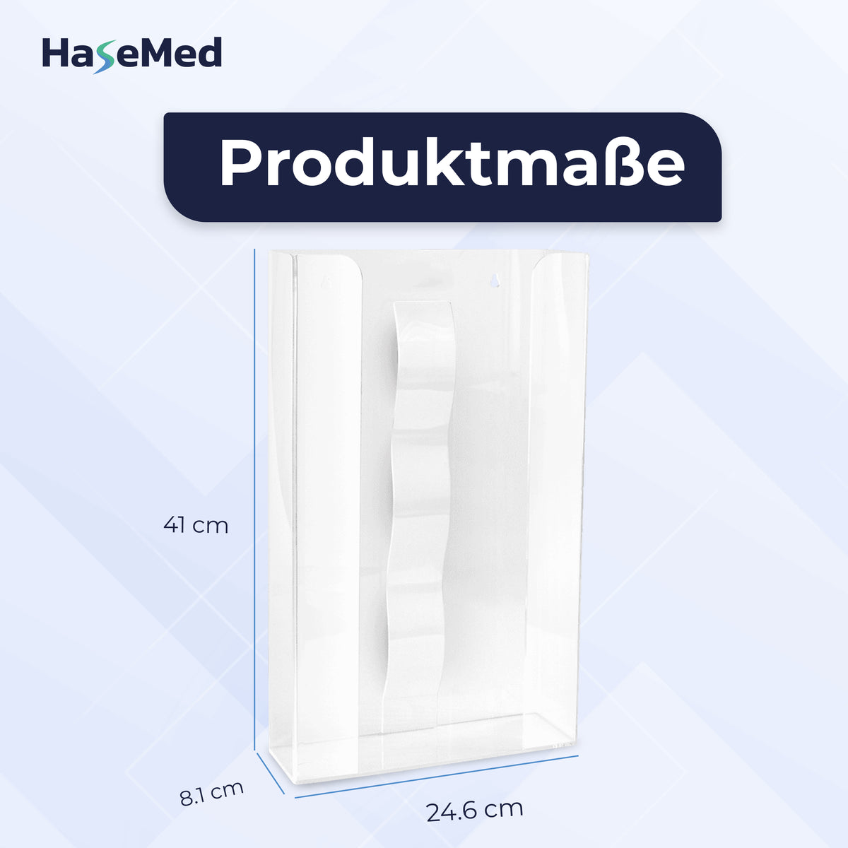 Acrylic HaseMed HAS-35 holder dimensions: 41 x 24.6 x 8.1 cm; one holder for three glove boxes.