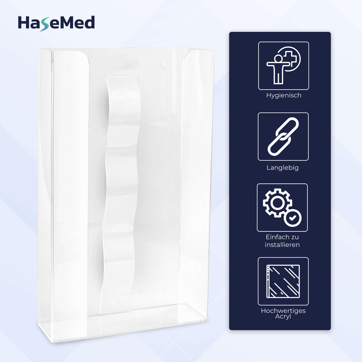 Acrylic HaseMed HAS-35 holder with spring for three glove boxes, shown with feature labels. One holder supplied.