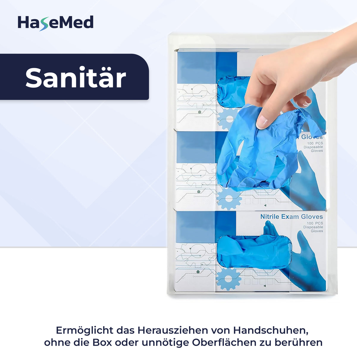 Acrylic HaseMed HAS-35 holder with spring for three glove boxes, shown during glove removal with an explanatory caption. One holder supplied. Gloves and boxes not included.