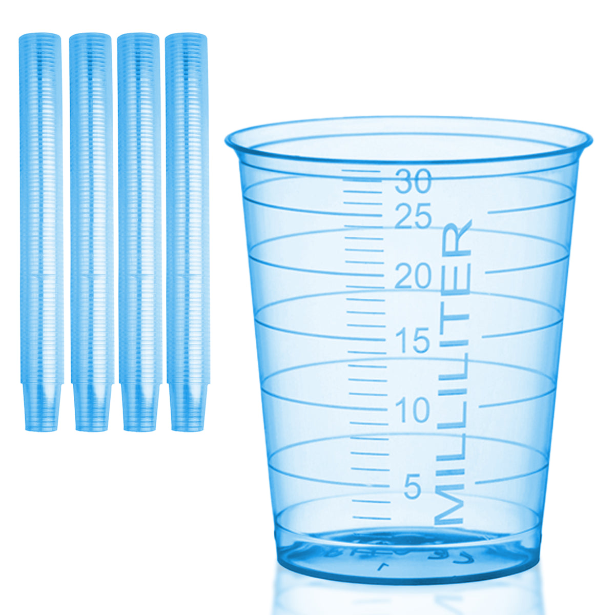 Piles de gobelets à médicaments HaseMed de 30 ml. Couleur: bleu. Vendus par 80 gobelets d'une seule couleur choisie, sans couvercles.