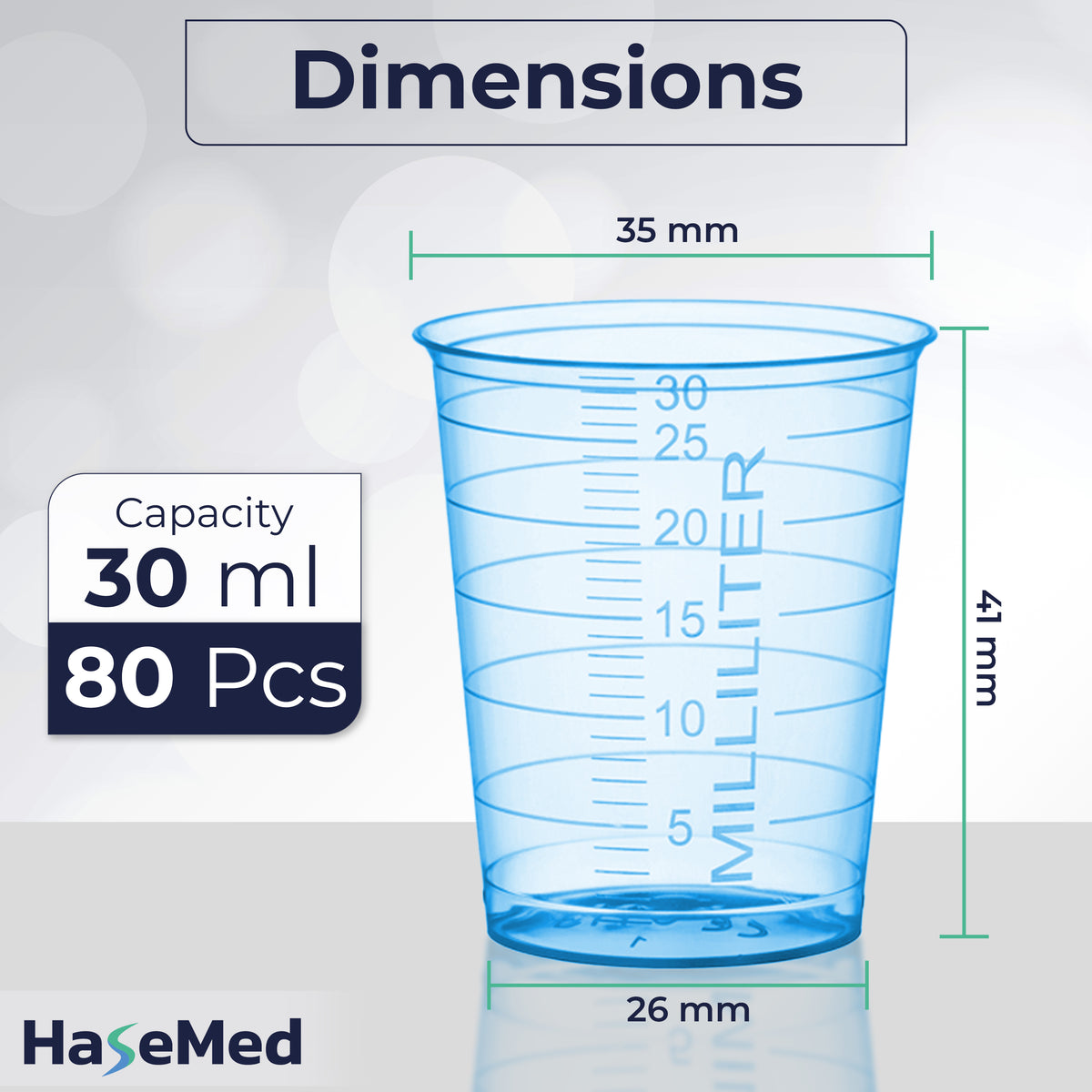 Visuel des dimensions d'un gobelet à médicaments HaseMed de 30 ml. Couleur: bleu. Vendus par 80 gobelets d'une seule couleur choisie, sans couvercles.