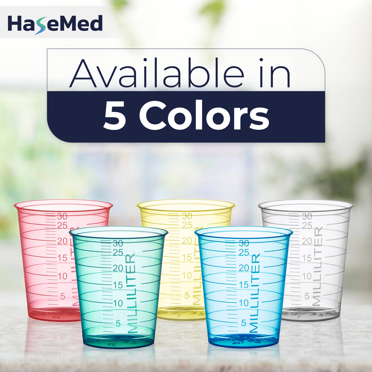 Godets à médicaments HaseMed de 30 ml dans les cinq couleurs disponibles. Chaque paquet contient 80 godets d’une seule couleur choisie, sans couvercles.