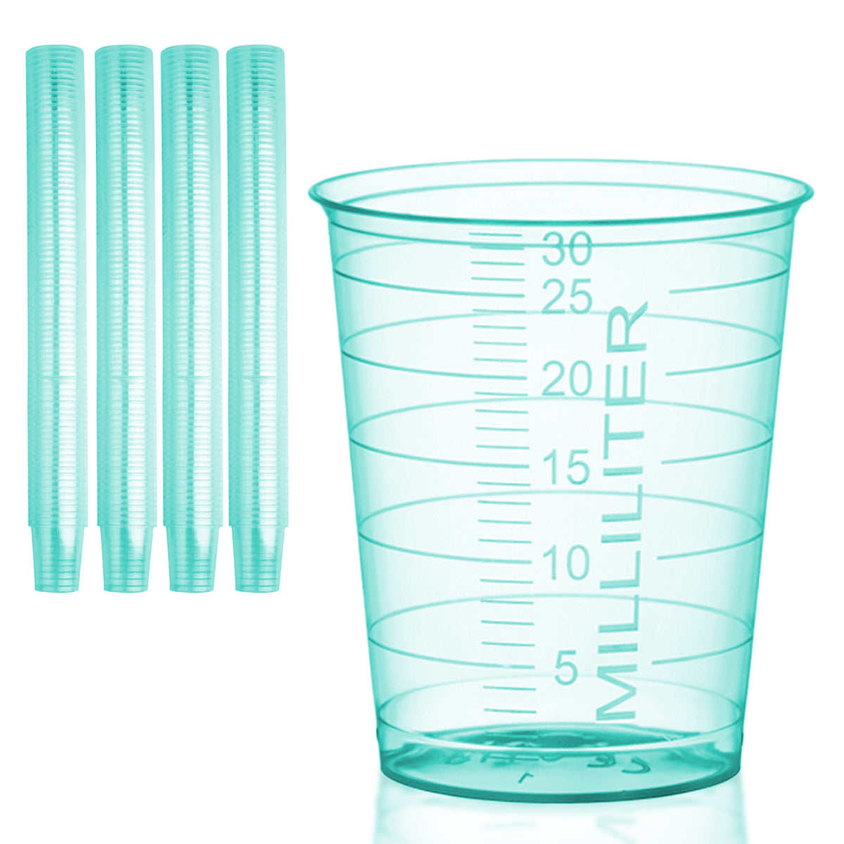 Piles de gobelets à médicaments HaseMed de 30 ml. Couleur: vert. Vendus par 80 gobelets d'une seule couleur choisie, sans couvercles.