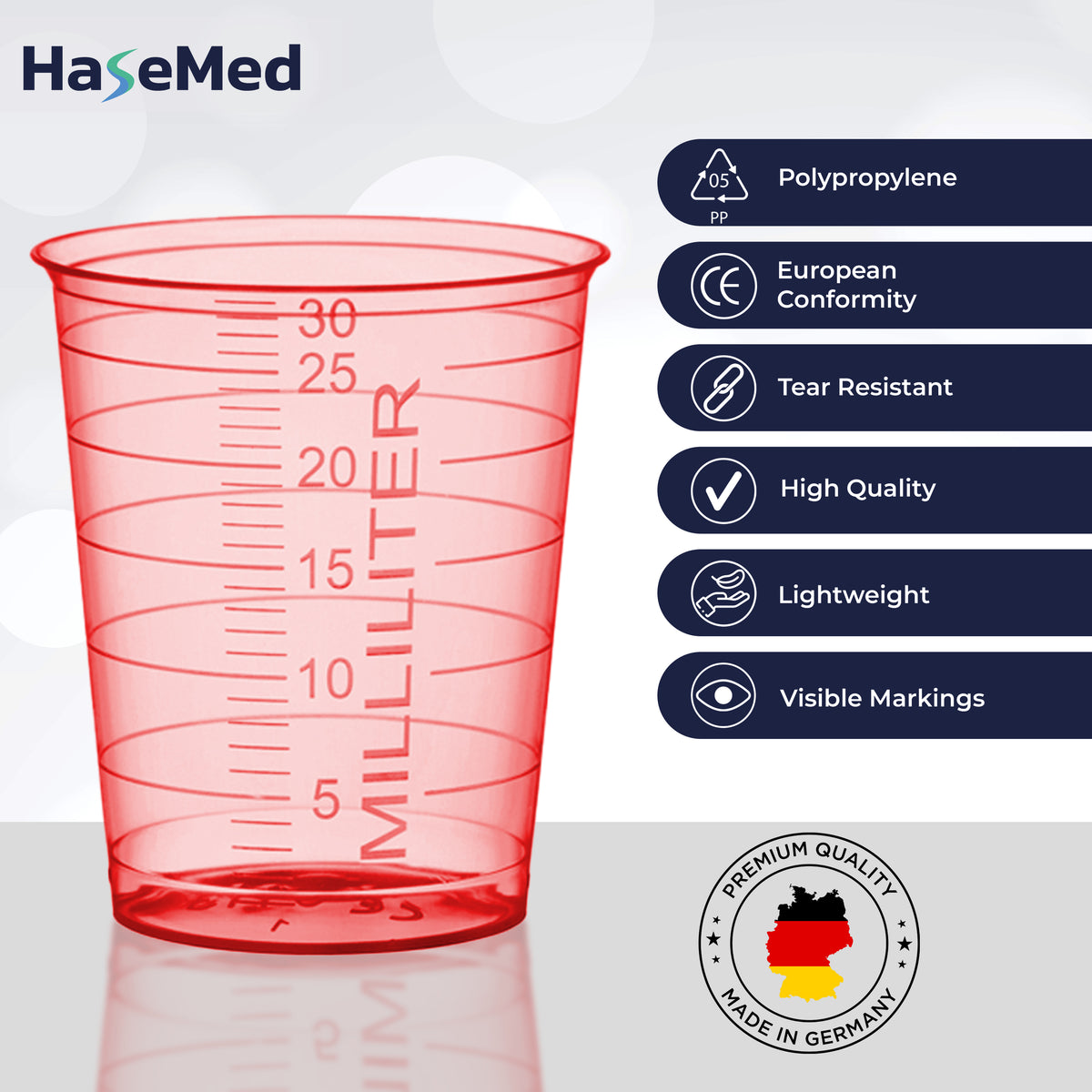 Visuel des caractéristiques des gobelets à médicaments HaseMed de 30 ml. Couleur: rouge. Vendus par 80 gobelets d'une seule couleur choisie, sans couvercles.