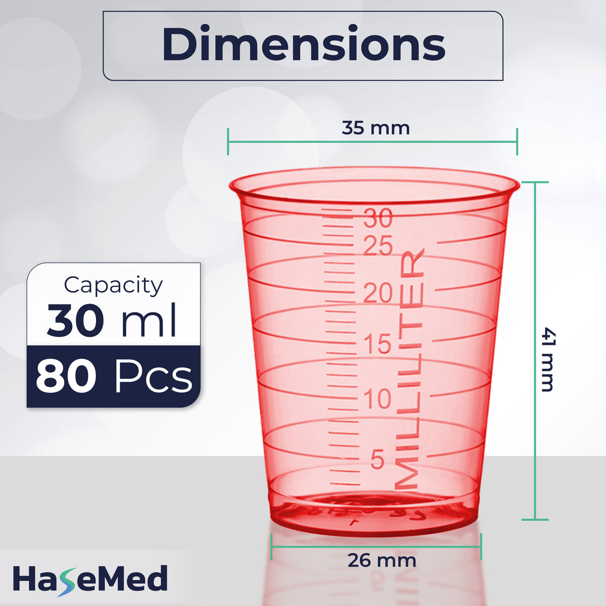 Visuel des dimensions d'un gobelet à médicaments HaseMed de 30 ml. Couleur: rouge. Vendus par 80 gobelets d'une seule couleur choisie, sans couvercles.