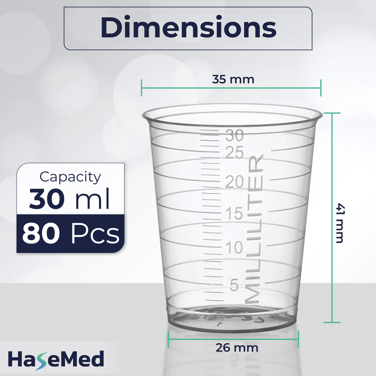 Visuel des dimensions d'un gobelet à médicaments HaseMed de 30 ml. Couleur: transparent. Vendus par 80 gobelets d'une seule couleur choisie, sans couvercles.