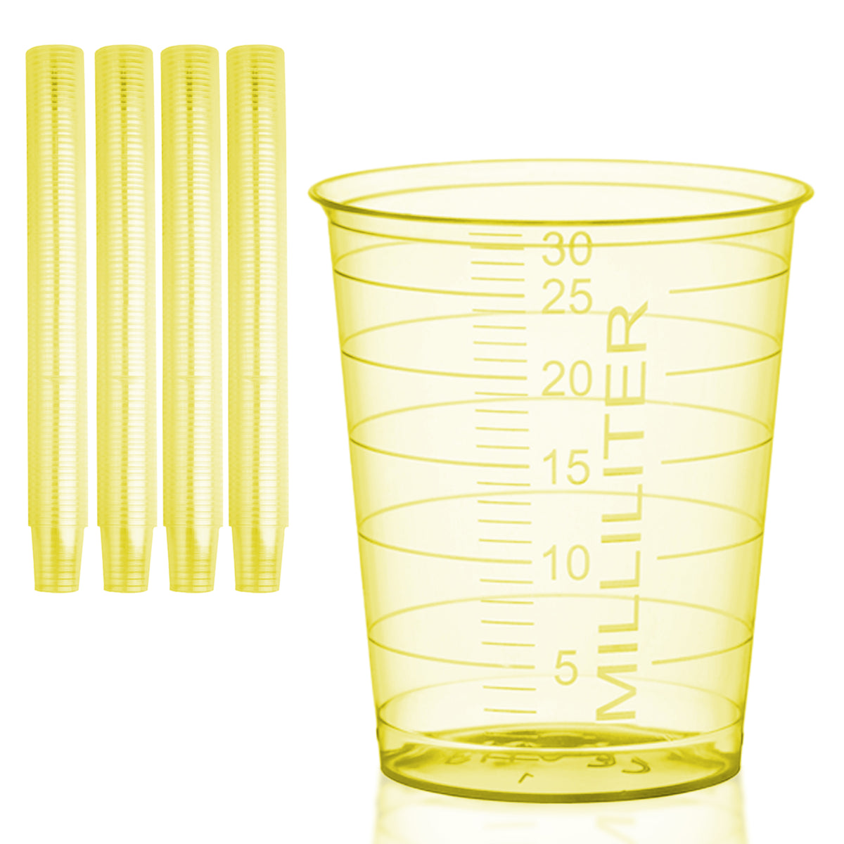 Piles de gobelets à médicaments HaseMed de 30 ml. Couleur: jaune. Vendus par 80 gobelets d'une seule couleur choisie, sans couvercles.